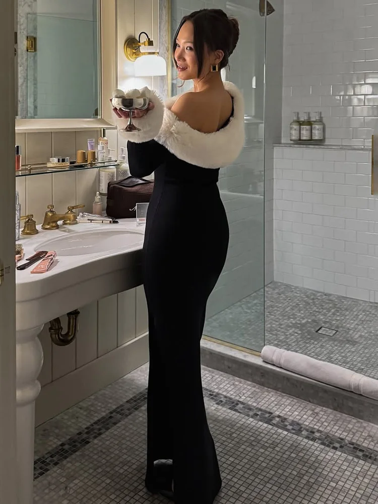Vestido de manga larga con abertura y empalme de felpa para mujer, sexy, con cuello oblicuo, elegante, para fiesta de invierno.