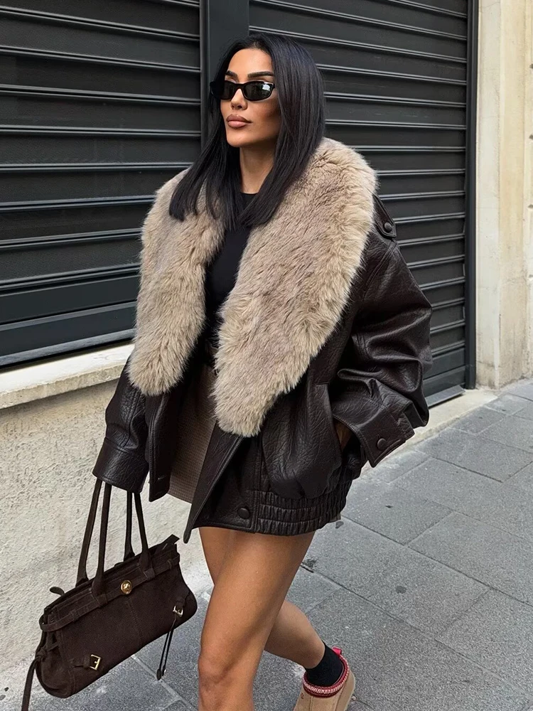 Elegant Faux Fur Collar Women's Coat Suede Single Breasted Winter Jackets Women 2025 Autumn Chic Street Office Lady Outerwear ﻿