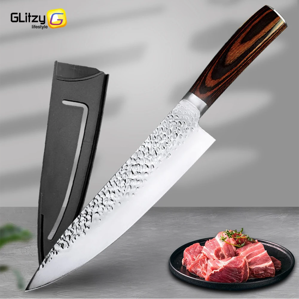 Kitchen Knives Professional Chef Knife Set Japanese Santoku Knifes Meat  Cleaver High Carbon Steel Full Tang Hammered Non-Stick