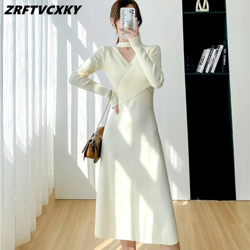 

New Fashion Women Solid Elegant Hollow Out Sweater Dresses Long Sleeve Ladies Lace-Up Simple Knitted Midi Dress Vestidos