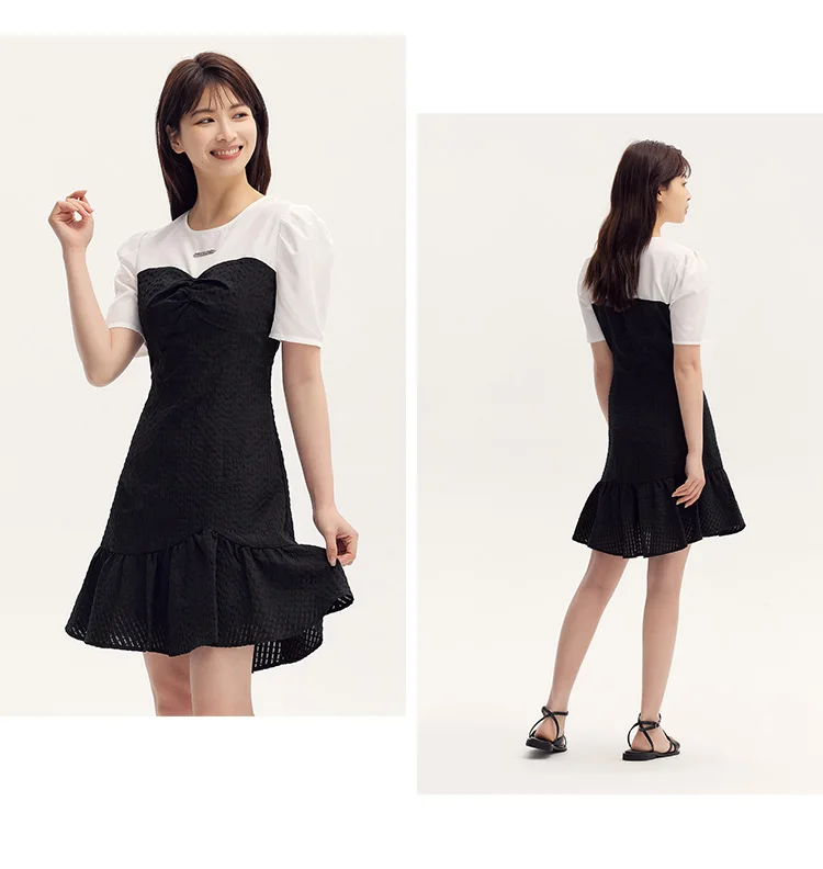 Vestido negro corto con bloques de color para mujer, elegante y de verano, con textura suave y dobladillo de sirena divertido, falda corta.