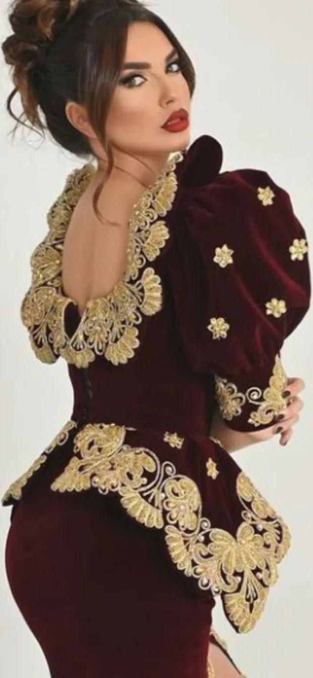 SoDigne Burgundy Moroccan Kaftan Evening Dresses For Women 2023 V Neck Gold Lace Split Puff Sleeve Velver Formal Party Gown