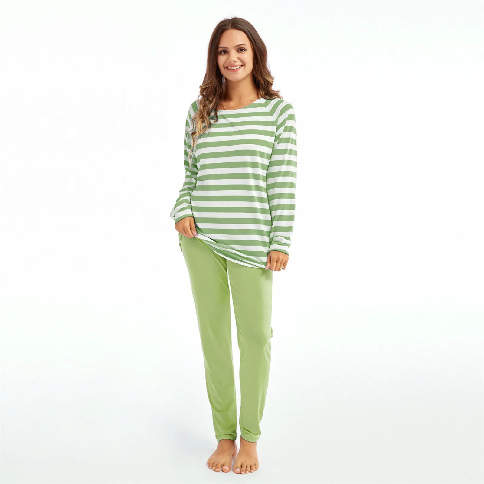 

Women's Pajama Two Piece Set Casual Round Neck Striped Long Sleeve Top Solid Colour Loose Long Pants Sleepwear Home Suit