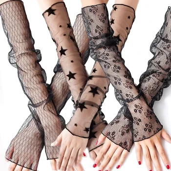 여성용 여름 자외선 차단 장갑, 아이스 레이스 암 슬리브, 긴 메쉬 사이클링 슬리브, 커프 가짜 슬리브, 운전 자전거, 1 쌍