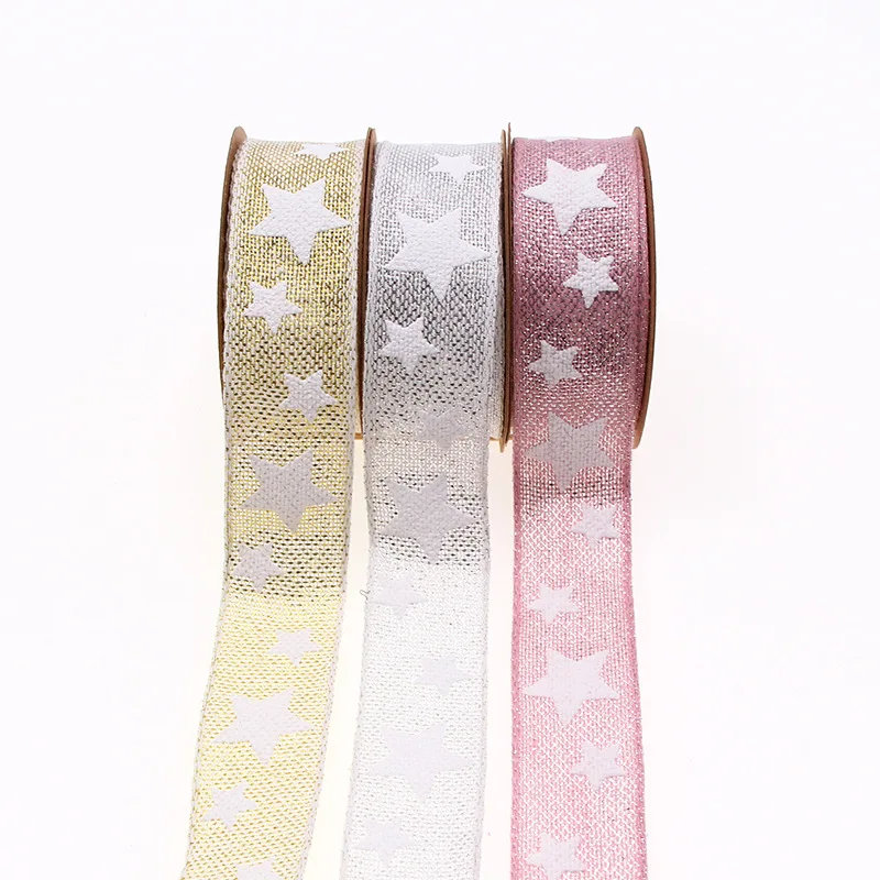 

25mm width 5m/ roll gold and silver cotton woven wire with Christmas five-pointed star festival decoration clothing accessories