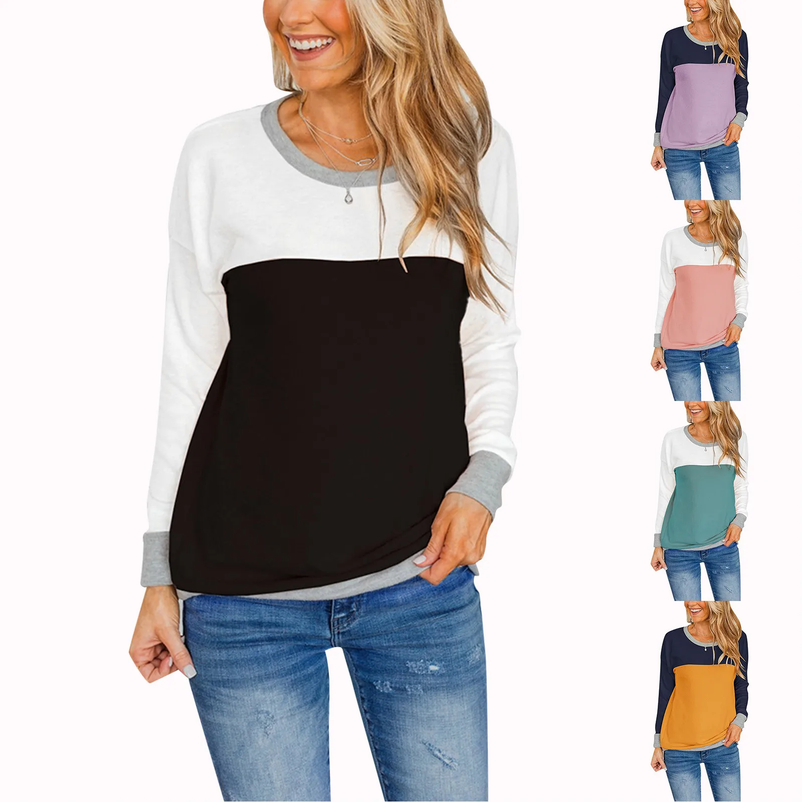 

Women Long Sleeve Round Neck Casual Top Splicing Contrasting Color Fashion Loose Casual Sweater Athletic Zip Hoodies Women
