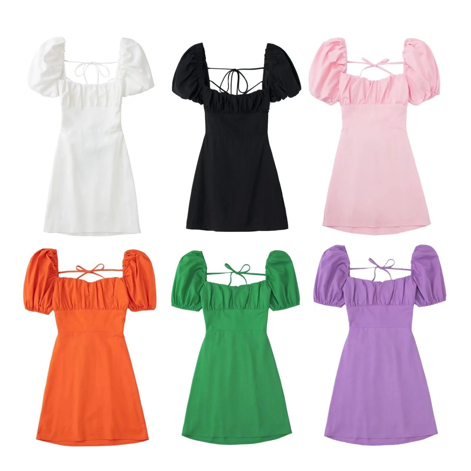 

Fashion Elegant Sexy Dress Women Solid Color Linen Blend Mini Dress Female Square Neck Short Puff Sleeves Backless Straps Skirt