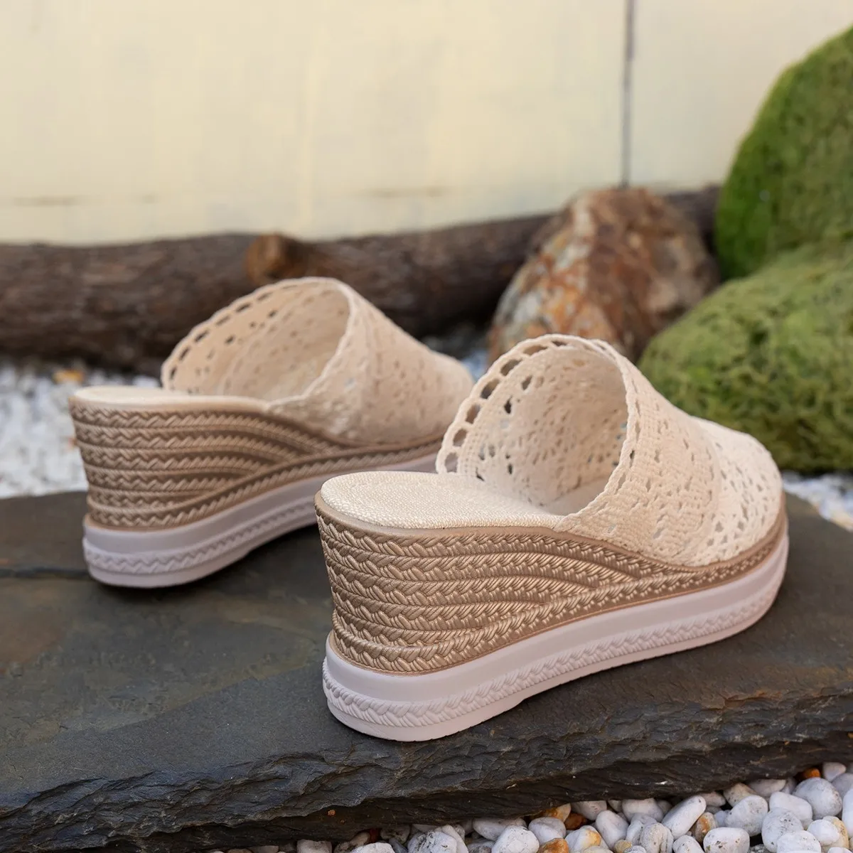 Lace Summer High Heels Straw Espadrille Sandals Women Platform Slides Mules Slipper Wedges Shoes Comfortable Walk Slippers Women