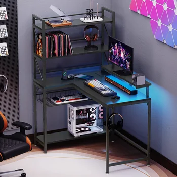Balconera L-Shaped Gaming Desk - Carbon Fibre Black 106cm Corner Desk with Power Outlets, LED Lights & Storage Shelves