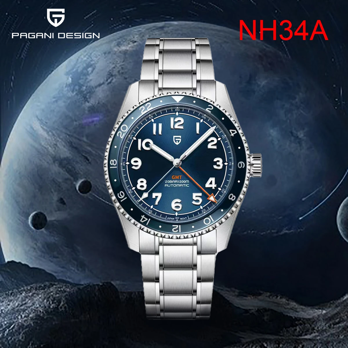 PAGANI DESIGN 2024 New NH34A Men's GMT Automatic Mechanical Watches Top Brand Sapphire 20Bar BWG-9 Business Travel Clock Watch f