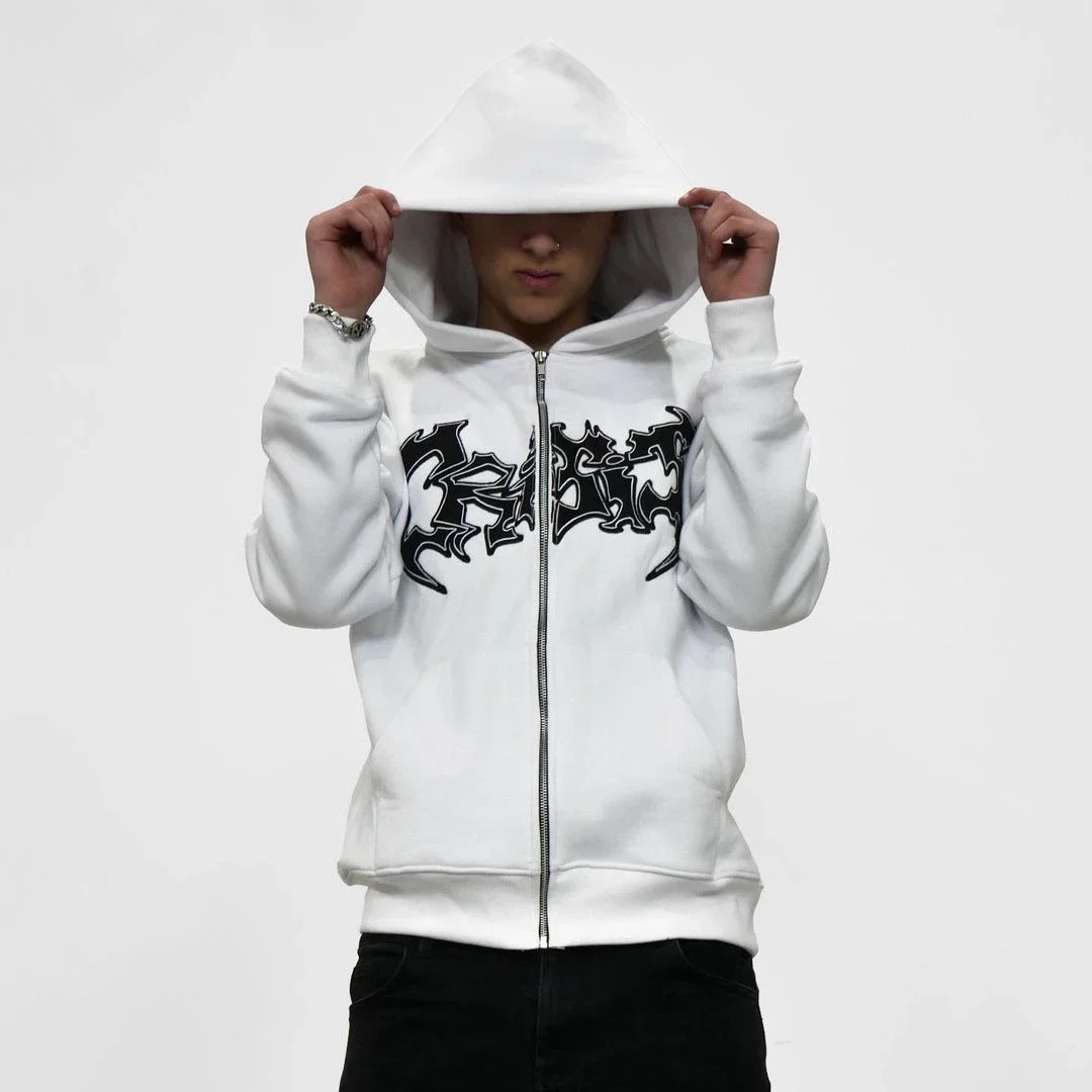 Y2K American Dark Style Niche Design White Loose Zipper Hoodie High Street Print Vibe Couple Jacket Clothing Wholesale/Retail american high street vibe straight leg denim pants for men with a high end feel spring autumn trend wide leg pants loose fitting