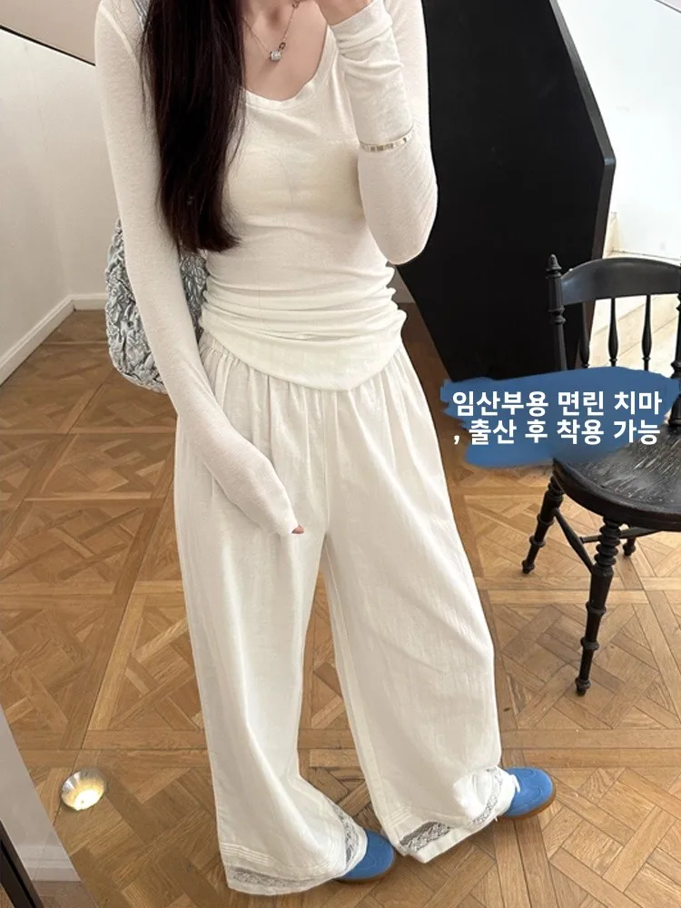 임산부를위한 루즈핏 레이스 트리밍 코튼 린넨 바지 바닥 길이 스트레이트 레그 캐주얼 바지 봄 여름 가을 패션