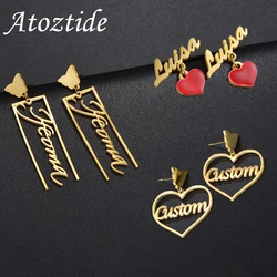 Atoztide Personalized Custom Name Stud Earrings for Women Stainless Steel Nameplate Butterfly Heart Letter Birthday Jewelry Gift