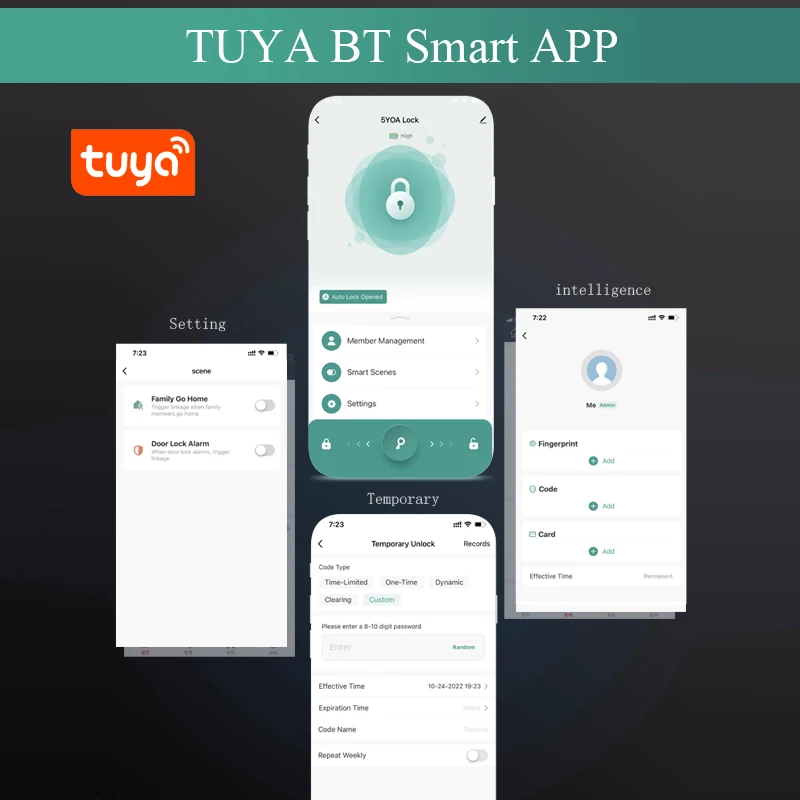 나무 철 프레임 유리에 대 한 Tuya 지문 도어 잠금 블루투스 스마트 전자 생체 인식 잠금 13.56Mhz RFID 원격 제어 Un