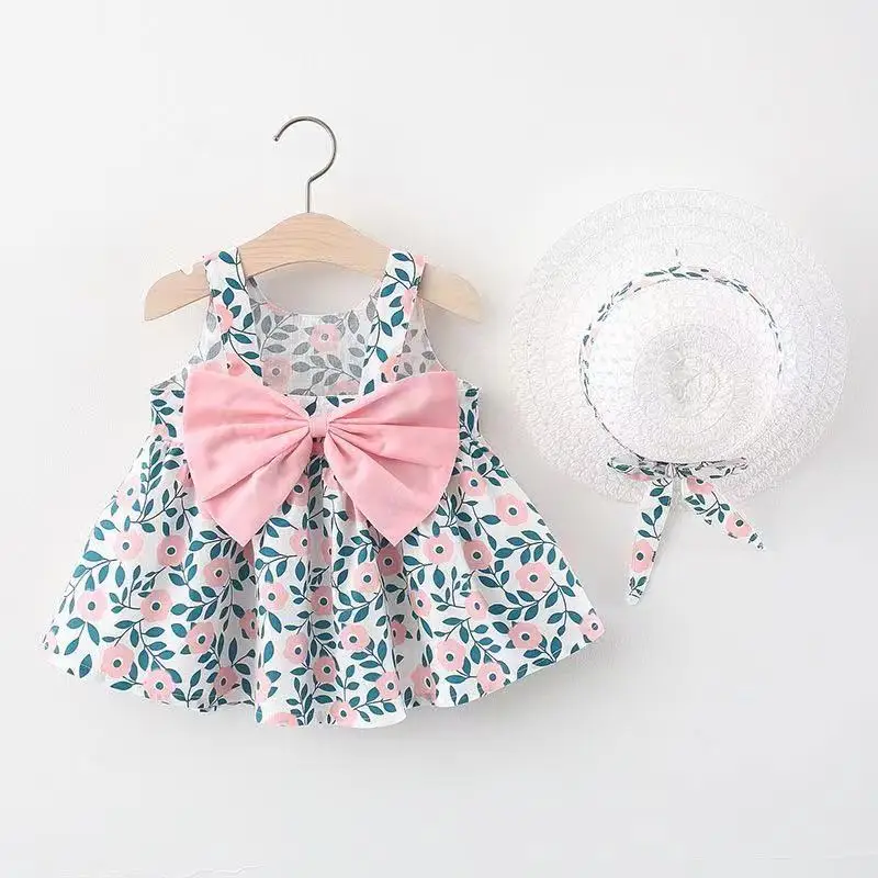 

2 Piece Summer Cotton Clothes Baby Girl Dress Beach Dresses Casual Print Cute Bow Princess Dress+Hat Newborn Clothing Set