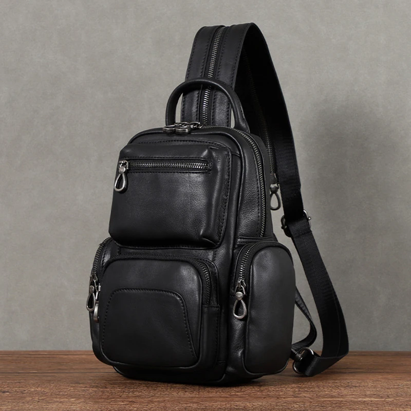 

AETOO First layer cowhide commuting men's chest bag new fashion single shoulder bag casual men's small backpack backpack men's