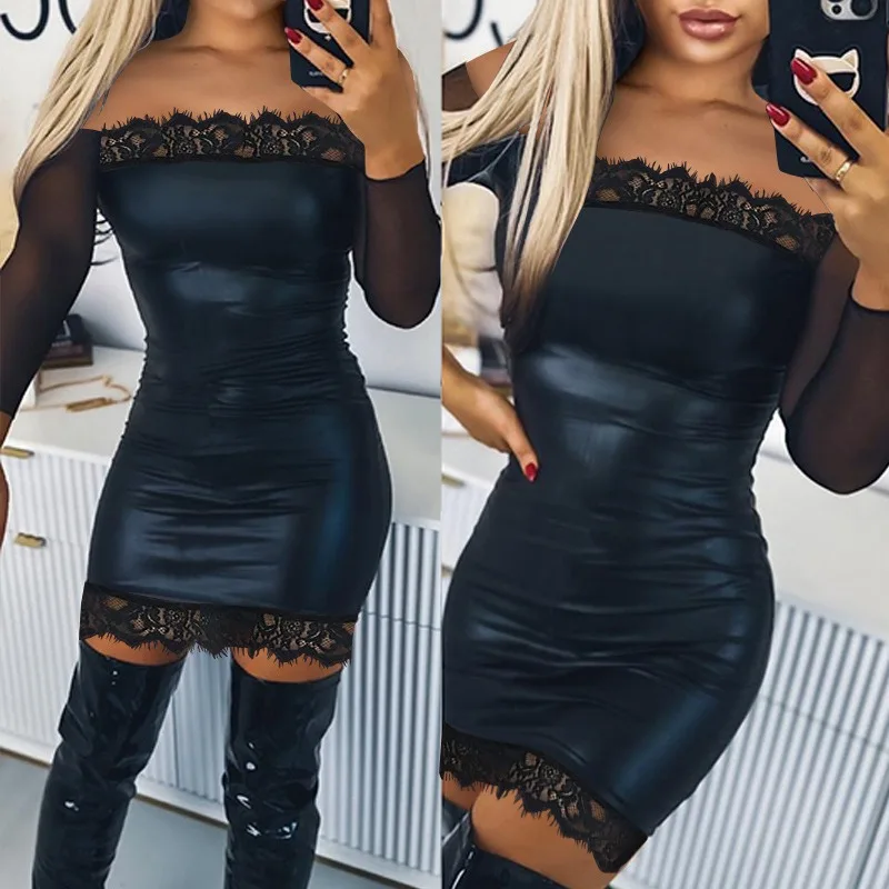 

2024 Autumn Winter New Women's Solid Color Lace Stitching off-Shoulder PU Leather Skirt