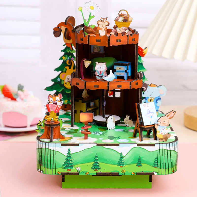 DIY 3D 나무 동물 숲 음악 상자 미니어처 모델 키트 직소 퍼즐 움직일 수 있는 친구 생일 선물 홈 장식