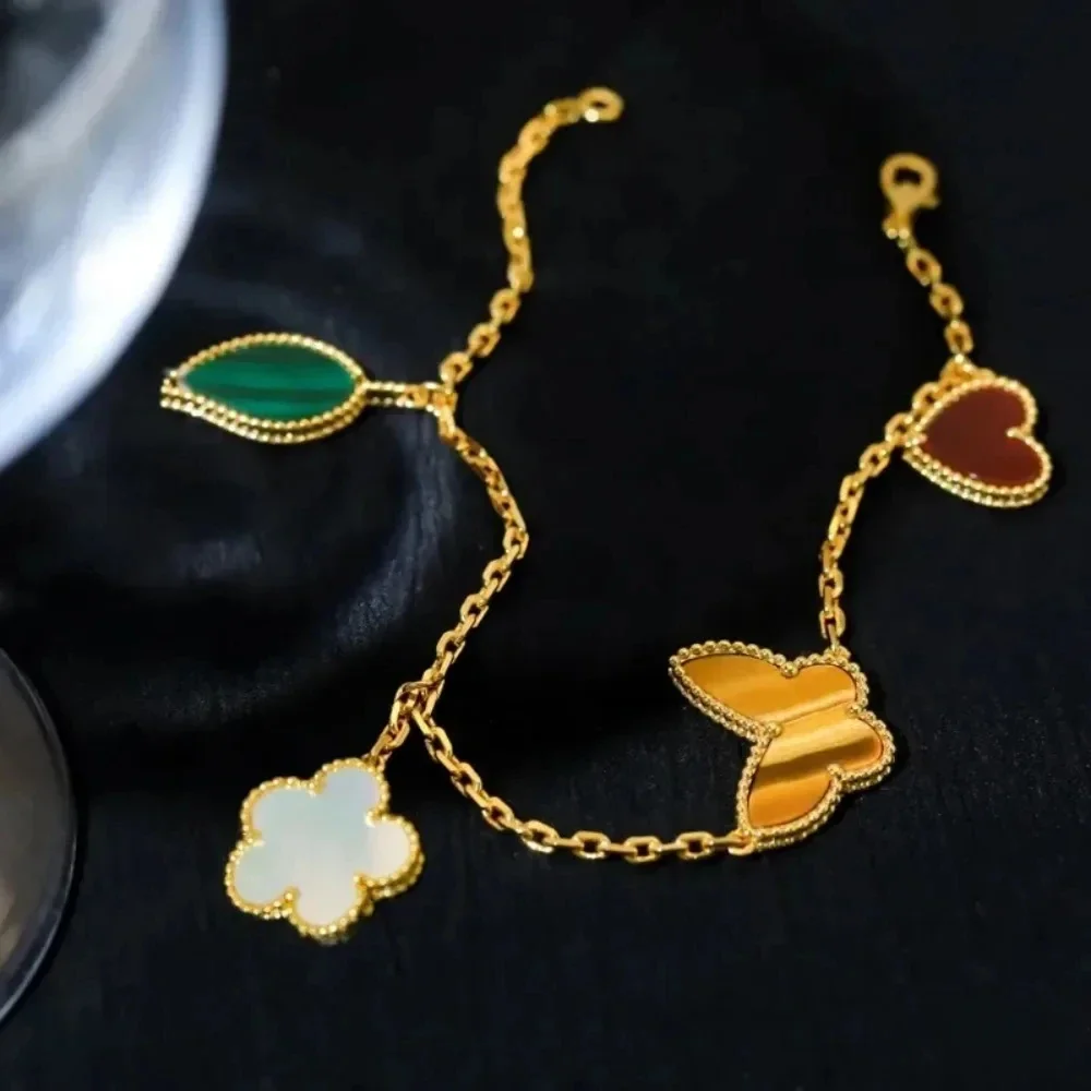 

925 Sterling Silver Bracelet Chalcedony Heart Shape Malachite Leaf Mother-of-pearl Lucky Butterfly Replica Brands Luxury Jewelry