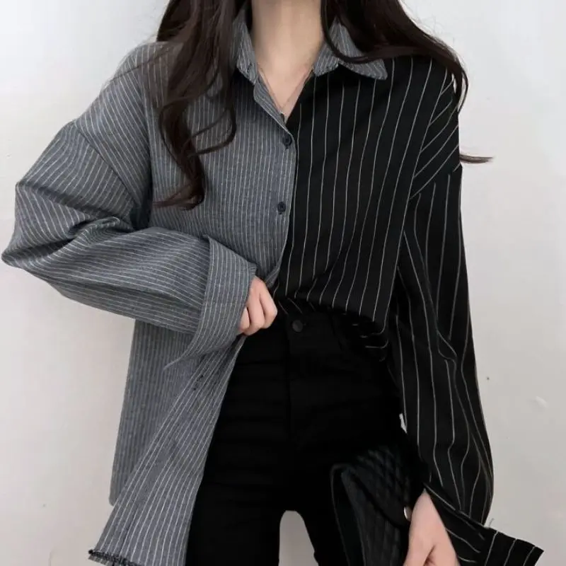 QWEEK Vintage Harajuku Striped Blouses Women Korean Autumn Oversized Patchwork Shirt Long Sleeve Fall Tops Ladies Street Fashion qweek y2k high street jeans women loose hollow vintage cargo pants button denim wide leg pants patchwork hip hop street fashion