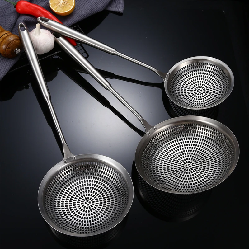 

Stainless Steel Large Colander Fine Holes Skimmer Long Handle French Fries Strainer Home Gadget Kitchen Utensils Cooking Tools