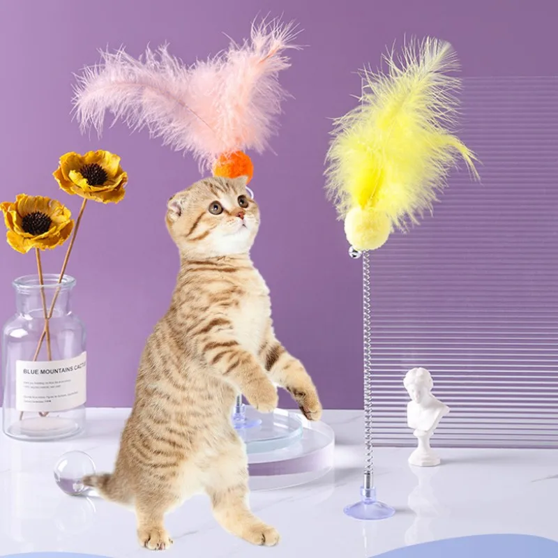 

Cat Toy Spring Feather Toys for Cats Stick Cat Toys Interactive Wool Ball Cats Toys To with Bell Suction Cup Self Hi Pet Sticks