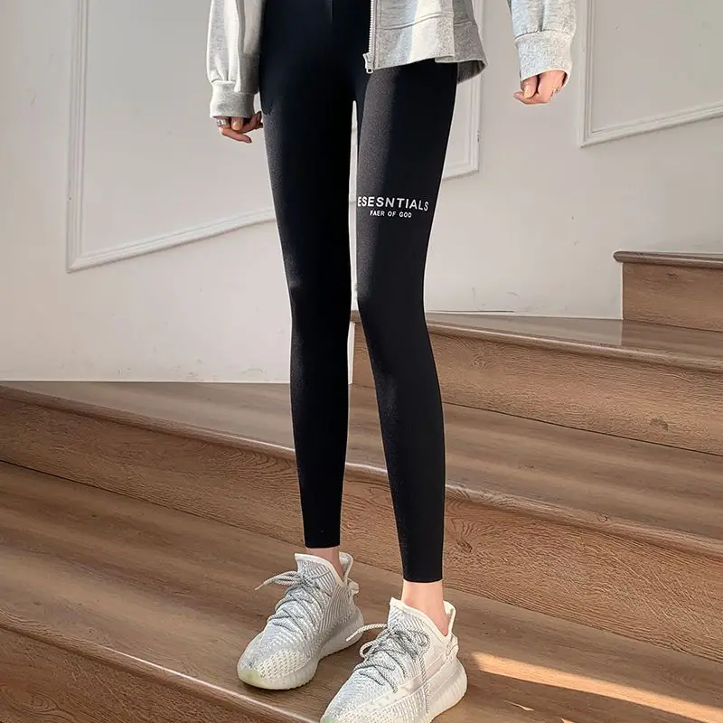 Shark Skin Leggings Women's Thin Spring and Autumn Tight Print Letters Slim Legs Yoga Slim Black Pants