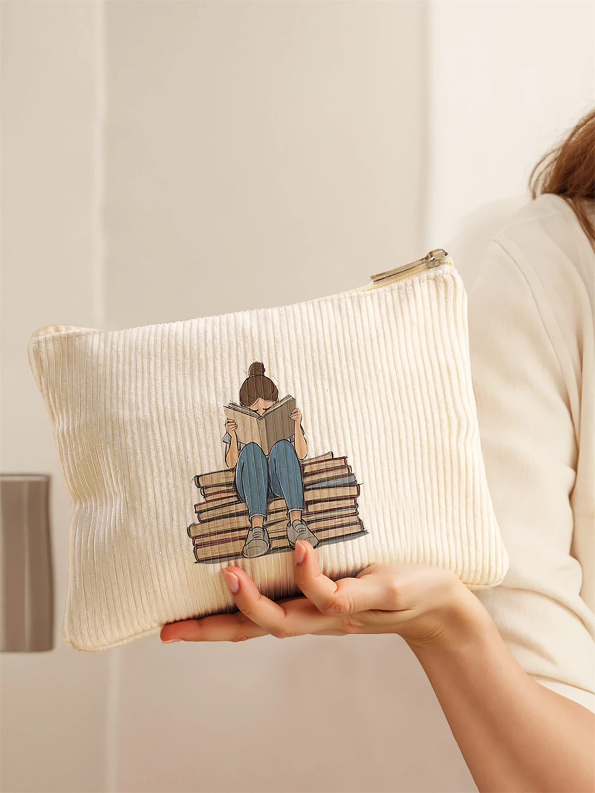 Women's Corduroy Travel Cosmetic Bag Portable Large Capacity Makeup Storage Organizer Zipper Clutch Purse Make up Bag