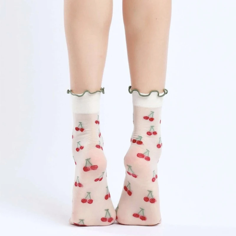 2-Paar Damen-Socken mit Rundhalsausschnitt, Salatrand, modischer Fruchtdruck, Sommer, dünnes Design, weiche, bequeme, atmungsaktive Freizeitsocken – Detail 6
