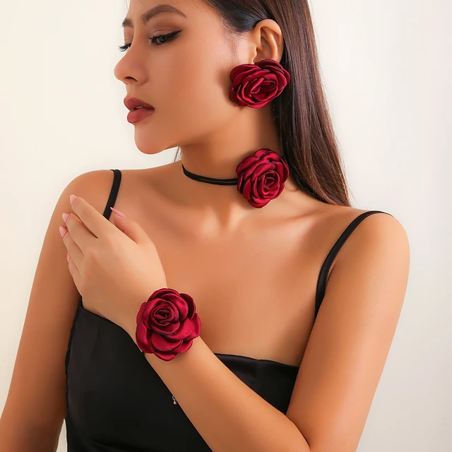 PuRui Elegant Set Rose Flowers Necklace Bracelet Earrings for