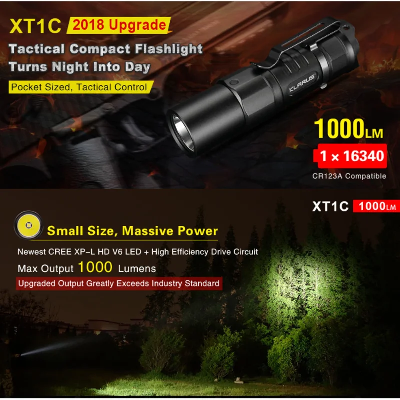 KLARUS XT1C 전술 손전등 XP-L HD V6 최대 1000 루멘 EDC 라이트 듀얼 스위치 토치 마이크로 USB 충전 16340 리튬 이온 배터리