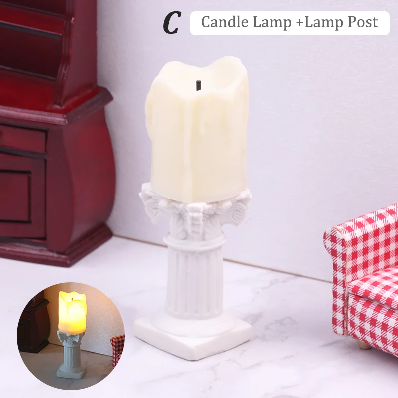 1:12 1:6 Dollhouse Miniature Retro Candlestick LED Candle Lamp Lamppost Model Home Decor Toy Doll House Accessories 3