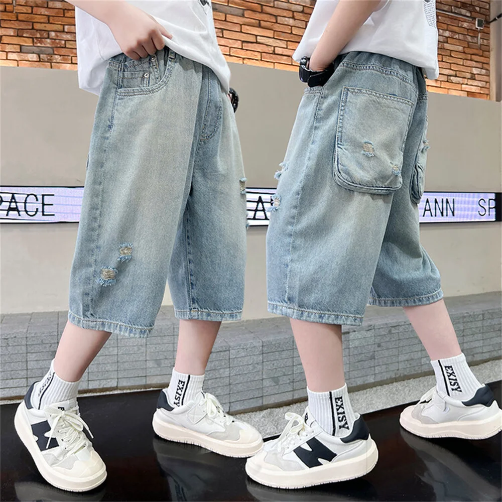 남아용 데님 반바지, 루즈핏 캐주얼 바지, 아동용 청바지, 남아용 데님 카프리, 71098 여름 착용