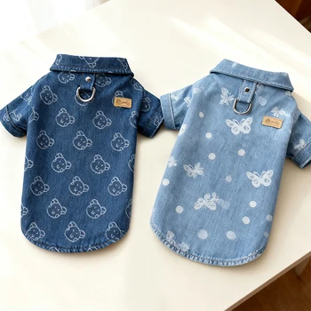 Pet Jean Shirt Bear Butterfly Print Dog Jacket Clothes Chihuahua French Bulldog Denim Shirt Puppy Outfit Jean Shirts Pet Apparel
