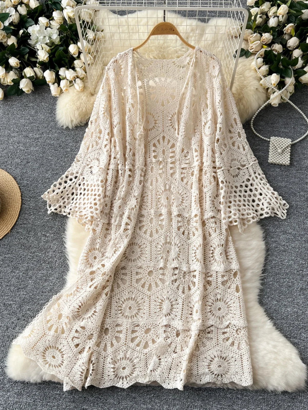 Boho Beach Summer Women Cardigan Crochet Hollow Out Flare