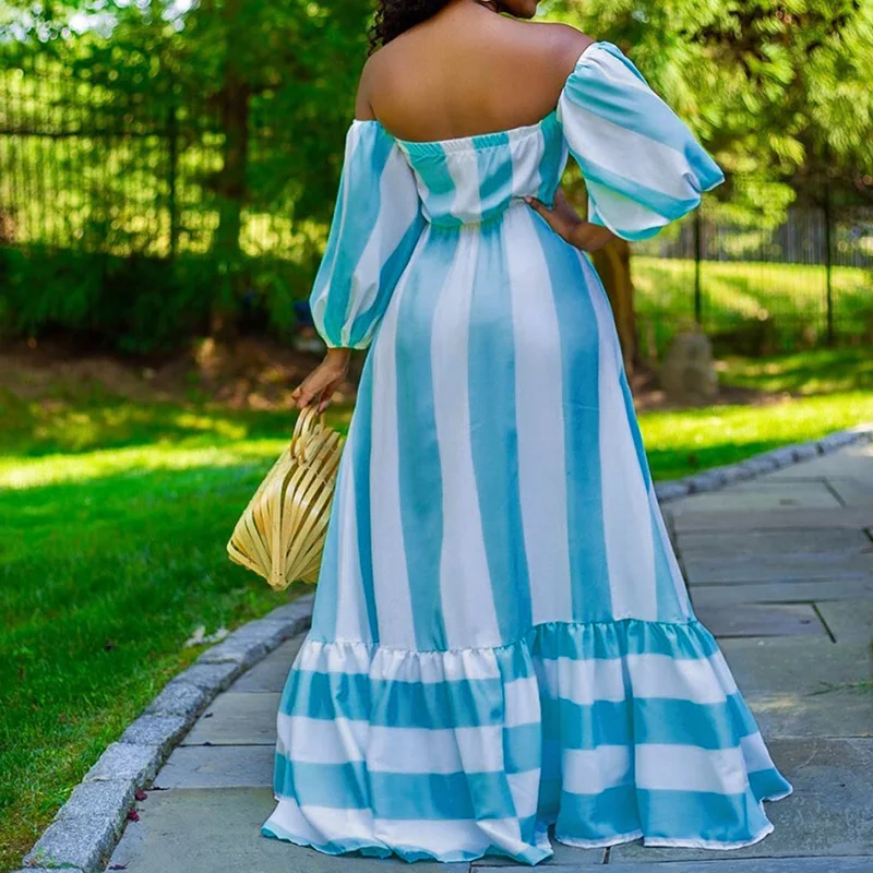 Evening Party Sexy One Word Collar Striped Printing Loose Bandage Long Sleeve Autumn Plus Size Pullover Maxi Dress for Women