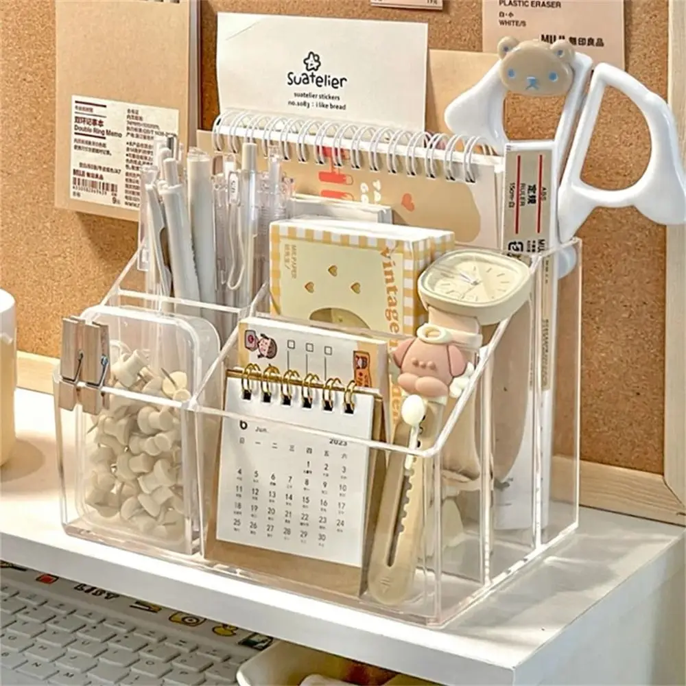 Desk Pen Holder Pen Stand Transparent Stationery Organizer 5-Grid Acrylic Pencil Storage Box Cosmetic Organizer