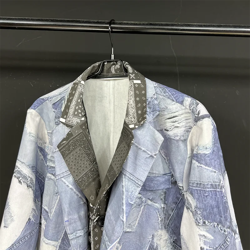 PFHQ Design Denim Printed Fake 2 Pieces Light Blue Casual Suit Loose Suit Autumn Contrast Color Male Blazer 21Z5938