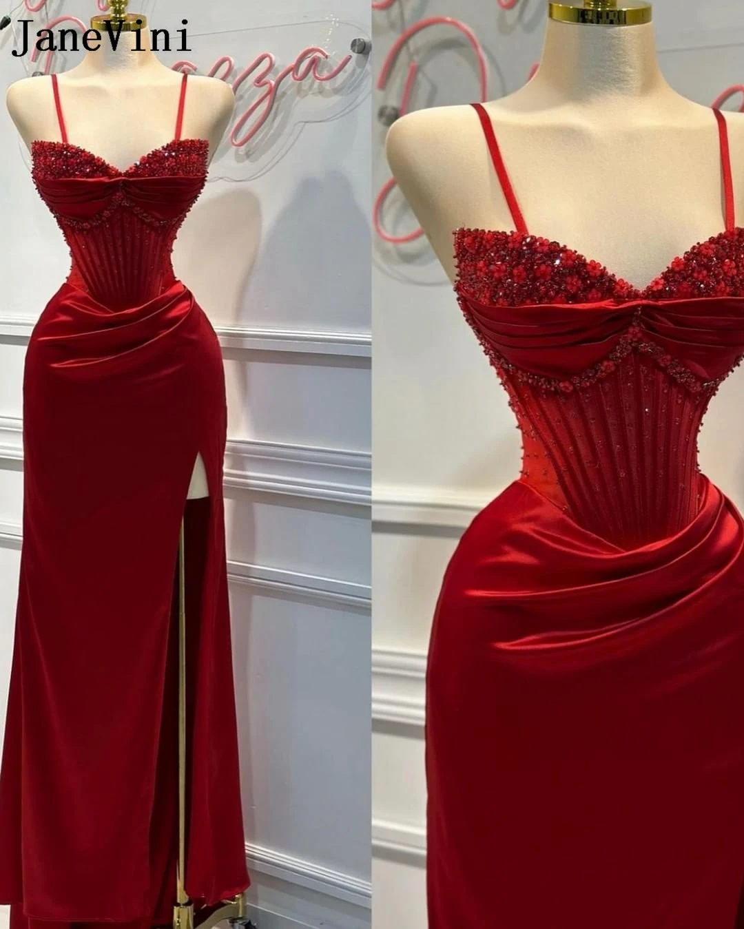 

JaneVini Fashion Women Red Beading Prom Dresses Split Mermaid Long Evening Birthday Dress Formal Occasion Gown Ballkleid Damen