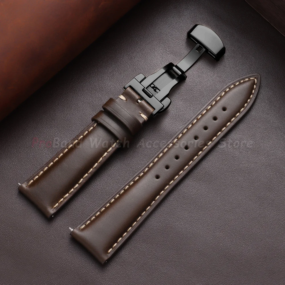 Vintage Brown Oil Wax Leather Watch Strap with Butterfly Buckle - Men's Accessory