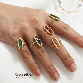 Anelli in acciaio inossidabile per donna placcato oro impermeabile lungo ovale in vetro ceco intarsiato anello regolabile gioielli di lusso