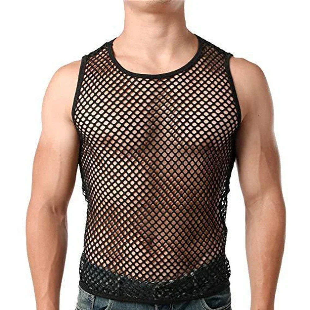 

Men Transparent Sexy Mesh Fishnet Shirt Fashion See Through Bodybuilding Tank Tops Male Gym Fitness Sleeveless Muscle Undershirt
