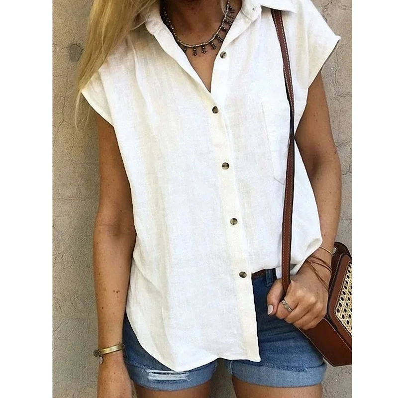 여성용 여름 반팔 코튼 린넨 셔츠, 우아한 빈티지 하라주쿠 솔리드 루즈 블라우스, 캐주얼 오버사이즈 단추 탑 튜닉 