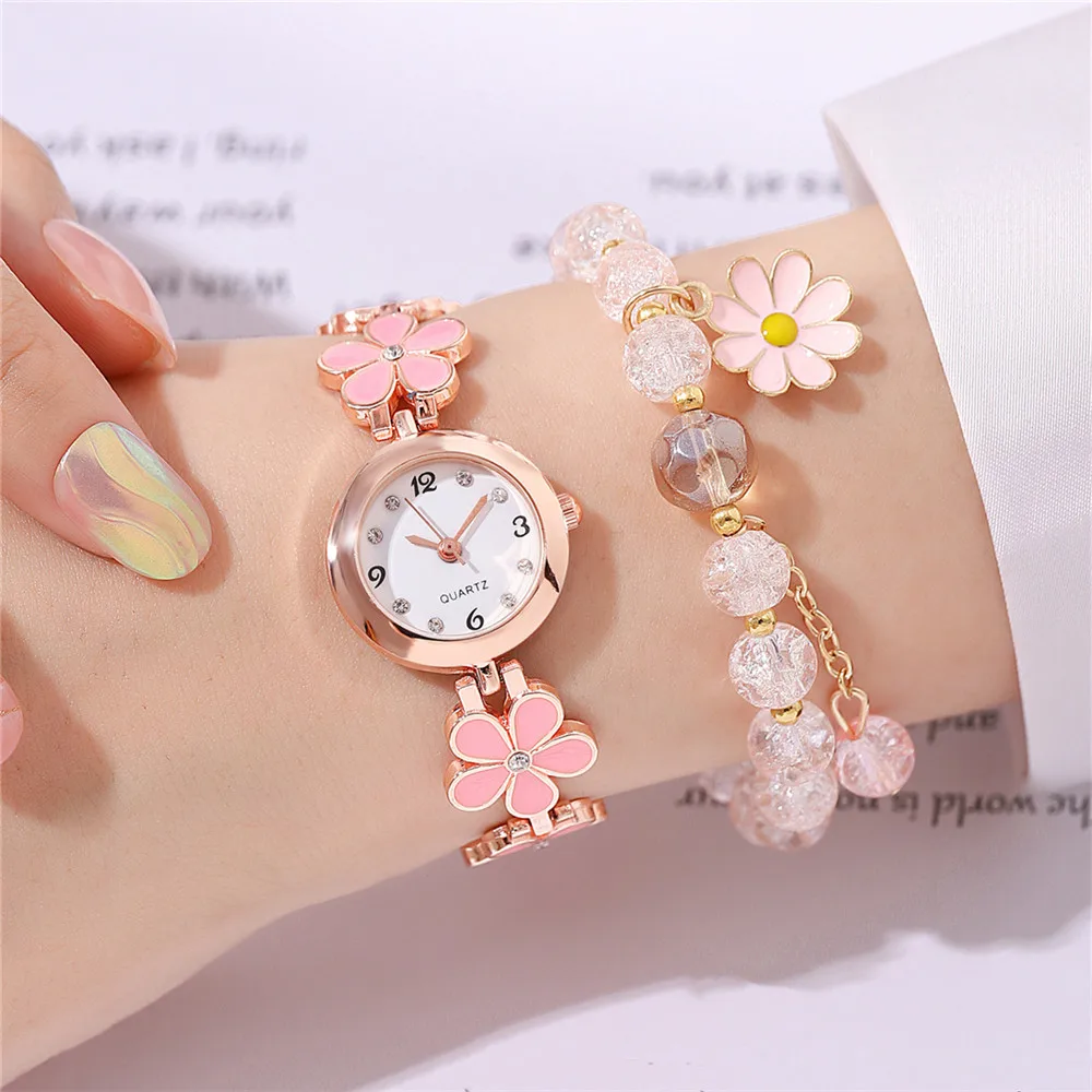 Ladies Sweet Flower Style Quartz Watch, Kirchen Stone Bracelet_voghion.com