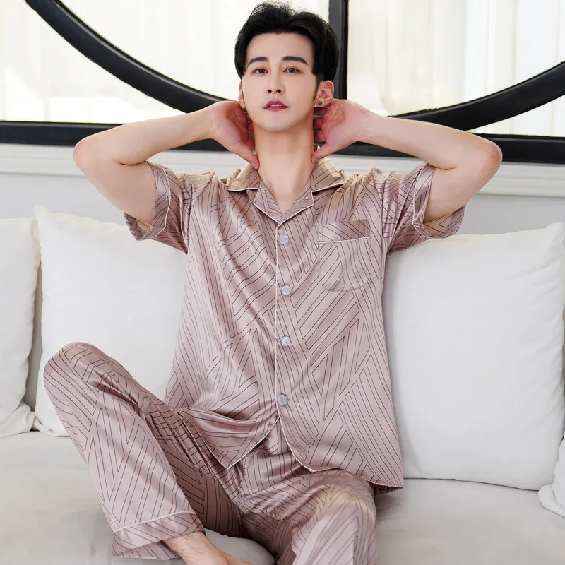Ice Silk Pajamas Set Pullover Summer Long-sleeved Thin Silk Pajamas For Men  Casual Homewear Suit Sleepwear Top Pants Clothing - Pajama Sets - AliExpress