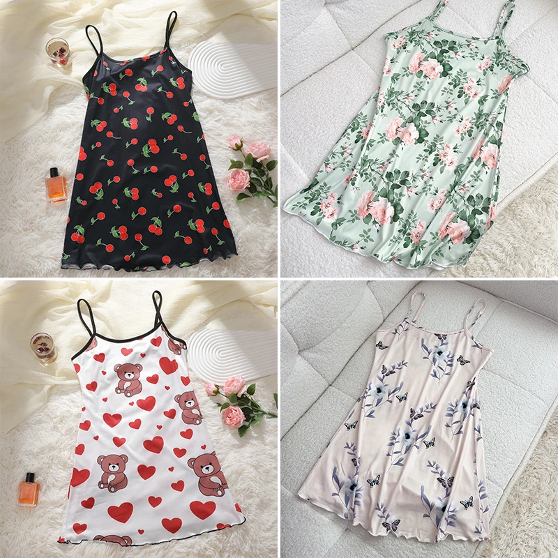 Women's Sleepwear Summer Print Satin Nightgown Casual Sleeveless Night Dress Sexy Nightdress Home Clothes Sleepwear Dresses New - 4