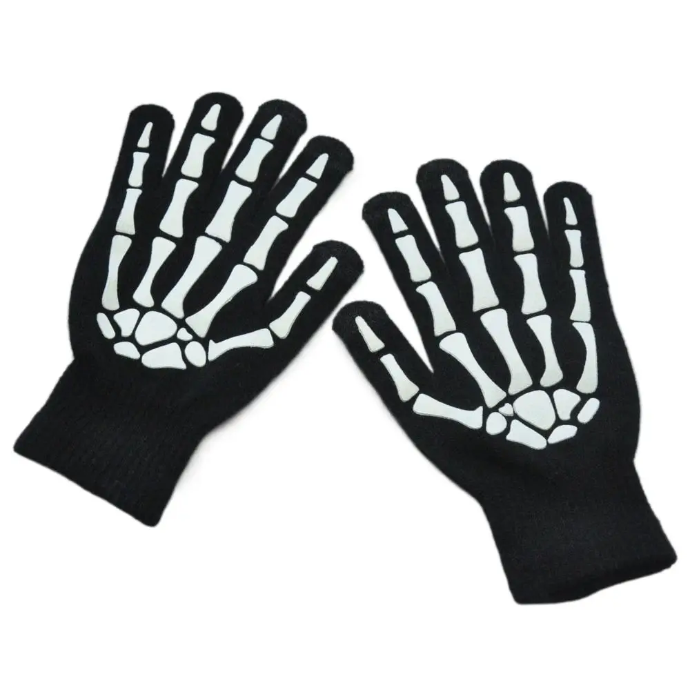 Full Finger Gloves Full Finger Halloween Gloves Thicken Windproof Luminous Skeleton Claw Gloves Cosplay Prop Glowing Skeleton Goth Mittens