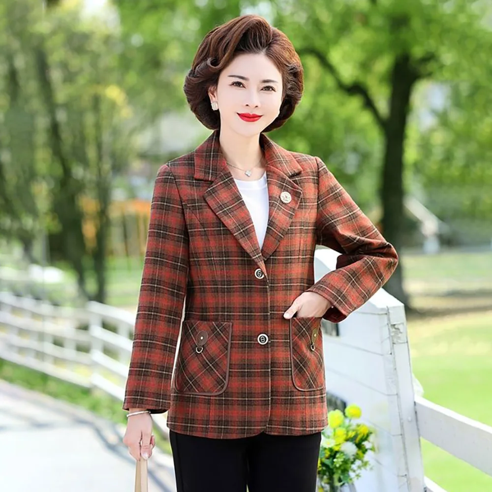Lined Suit Woolen Short Coat Simple High-end Fashion Middle-Aged And Elderly Women Loose Casual Temperament Slim Plaid Top  Tide