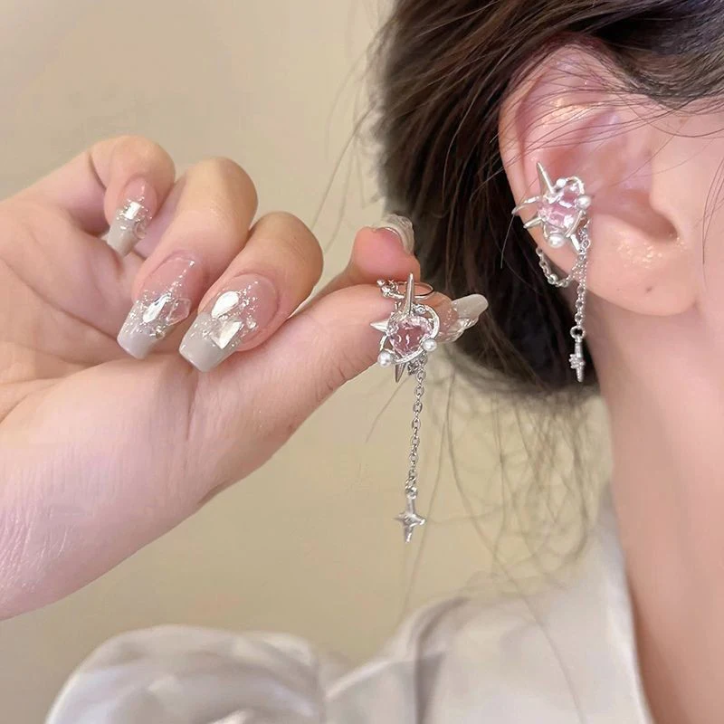 

1Pair Pink Sparkling Zircon Star Tassel Ear Clip Shiny Heart Crystal Ear Cuff For Women Girl Fashion Trendy Simple Party Jewelry