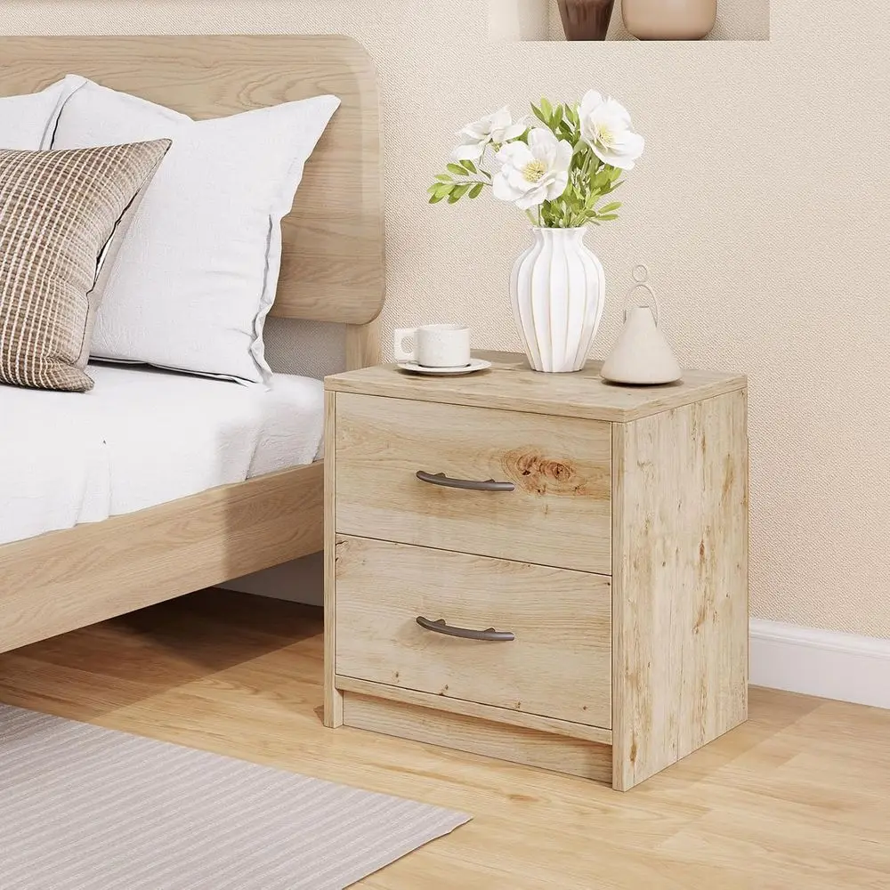 Modern 2-Drawer Nightstand for Small Spaces, Oak Wood Bedside Table with Storage 2